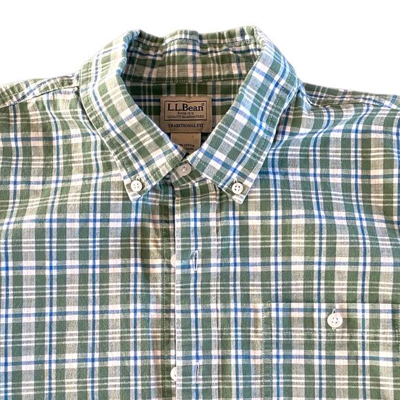 LL Bean Gorpcore Green Plaid Stretch Chambray Short Sleeve Stretch Shirt - Large - Picture 3 of 8